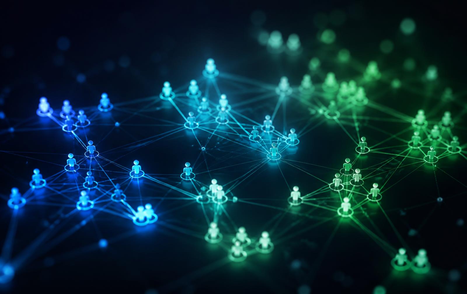 Visualisation of a belonging graph: clustered people nodes connected by luminous edges